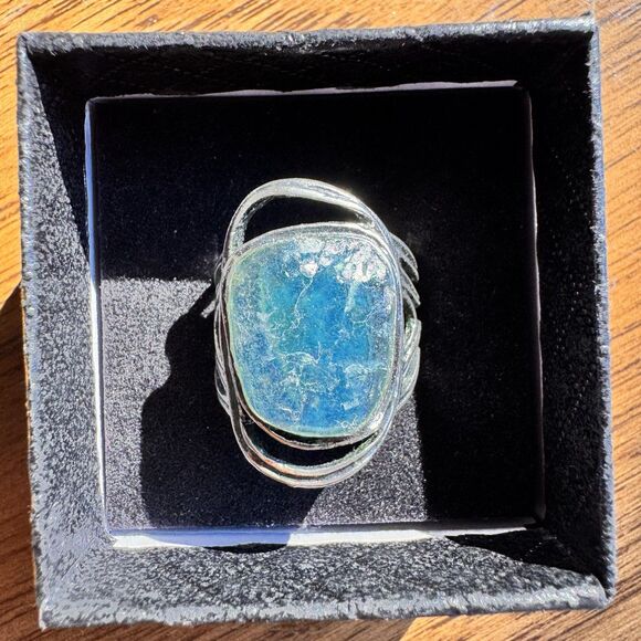Vintage PZ Israel Roman Glass & Sterling Silver Ring, Size 8.8 by Paz Blue 925 - Picture 13 of 16